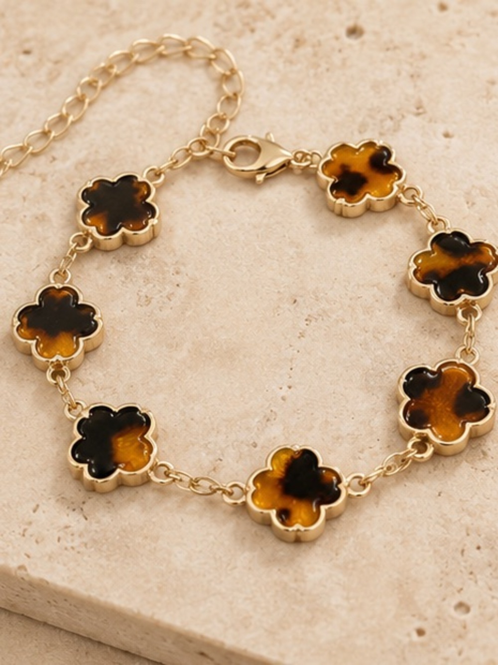 Luxe Gold Bracelet with Brown and Black Tortoise Clover Charms